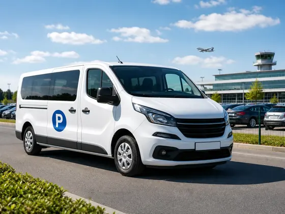 Shuttle-Fahrzeug von Elite Park und Fly für den Transfer zum Terminal des Flughafens Weeze