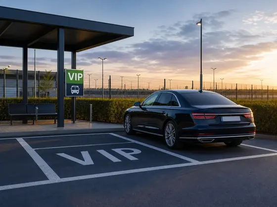 Beleuchtetes und umzäuntes Parkgelände mit abgestellten Fahrzeugen nahe Flughafen Weeze